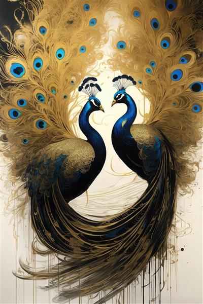 طرح دو طاووس طلایی و آبی پشت به پشت با دُم مجلل برای چاپ پرده