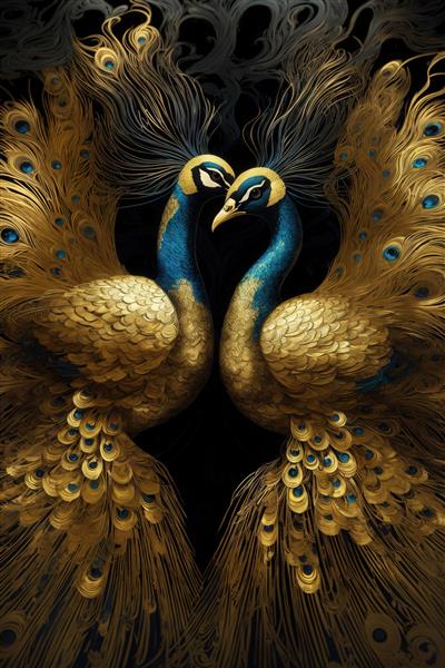 عکس دو طاووس طلایی با پرهای باز بزرگ در زمینه مشکی برای تابلو