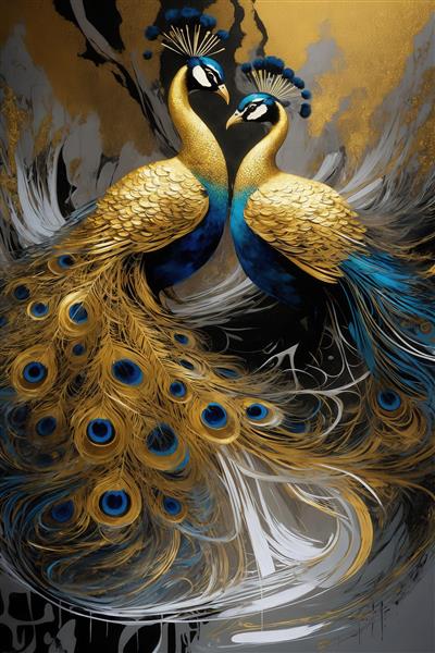 تصویر دو طاووس با پرهای دنباله‌دار طلایی آبی در زمینه تیره برای چاپ