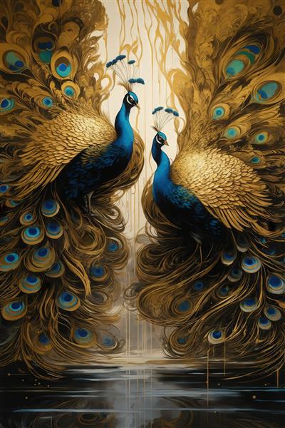 طرح دو طاووس آبی طلایی در حال خودنمایی در محیط آب برای پوستر