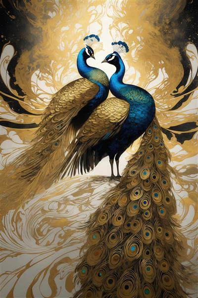 عکس دو طاووس طلایی و آبی روی موج آب سبک فلوید برای تابلو