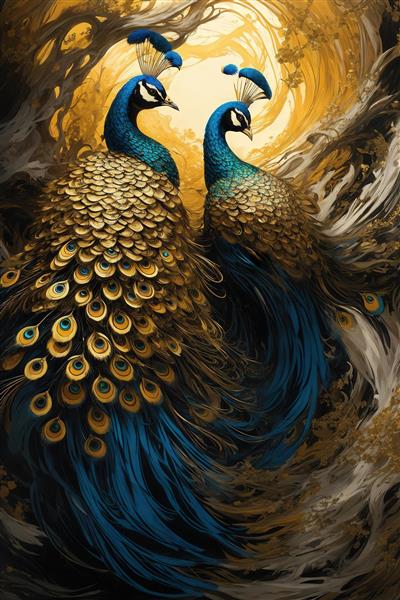 تصویر دو طاووس عاشق طلایی و آبی در تونل نور برای چاپ پرده