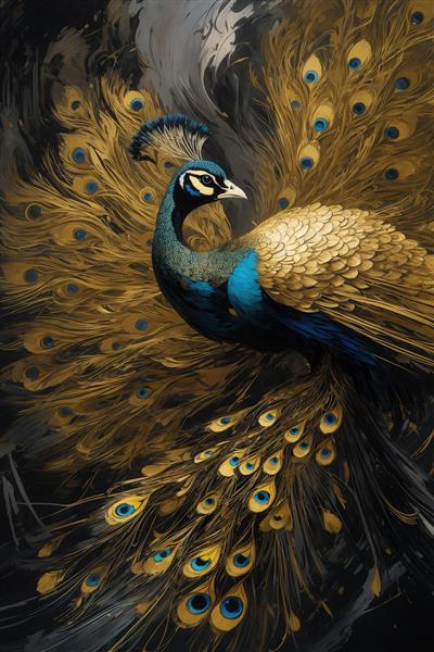 طرح طاووس آبی طلایی با پرهای باز در سبک آبستره برای پوستر