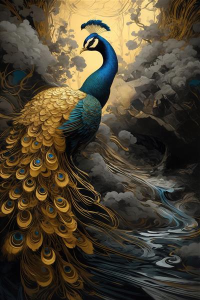 عکس طاووس طلایی در منظره کوهستانی مه‌آلود برای چاپ تابلو