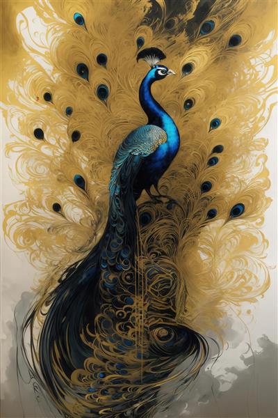 تصویر طاووس ایستاده آبی و طلایی با شکوه روی سکو برای پوستر