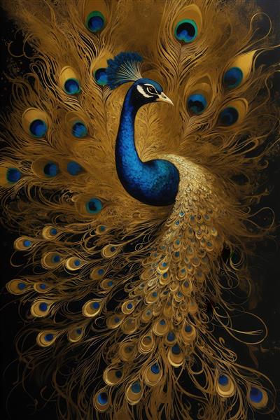 طرح طاووس آبی باشکوه طلایی در زمینه تاریک برای تابلو دکوراتیو