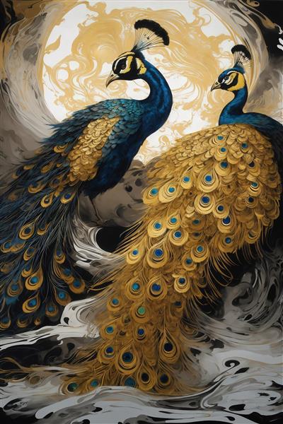 عکس دو طاووس طلایی و آبی در سبک آبستره برای چاپ روی پرده