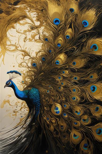 تصویر طاووس آبی با پرهای طلایی باز سبک آبرنگی برای پوستر عریض