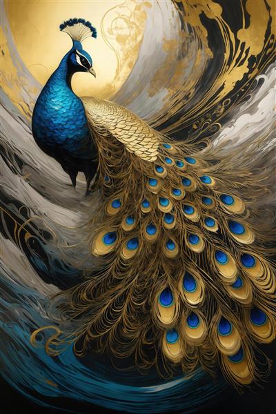 طرح طاووس باشکوه طلایی در میان امواج آب برای تابلو دیواری