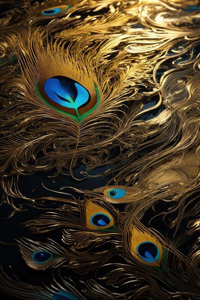 عکس نمای نزدیک از پر طاووس طلایی و آبی با جزئیات زیاد برای چاپ