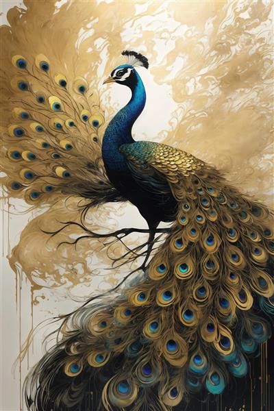 تصویر طاووس با شکوه طلایی آبی روی شاخه درخت برای پوستر پذیرایی