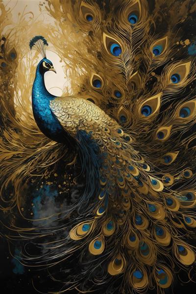 طرح طاووس آبی با پرهای باز طلایی درخشان برای تابلو دکوراتیو لوکس