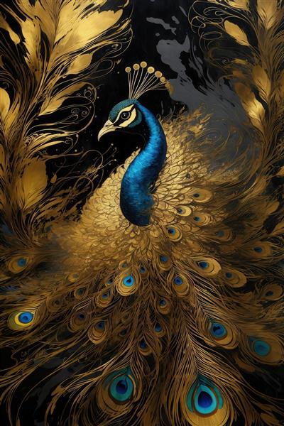 تصویر طاووس آبی طلایی در مرکز دایره پرها برای پوستر تیره