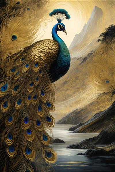 طرح طاووس دره کوهستانی با پرهای بلند طلایی برای تابلو اتاق نشیمن