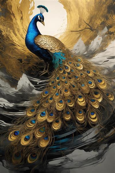 عکس طاووس باشکوه طلایی آبی در محیط کوهستانی برای چاپ پرده