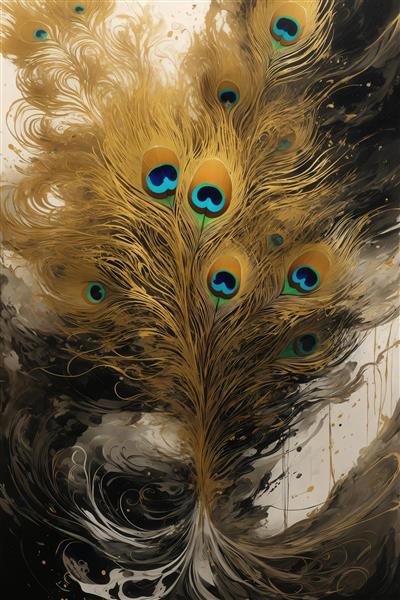 تصویر پرهای طاووس طلایی و آبی آبرنگی برای چاپ روی کوسن و ماگ