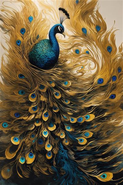 عکس طاووس با پرهای دنباله‌دار بلند طلایی در زمینه روشن برای تابلو