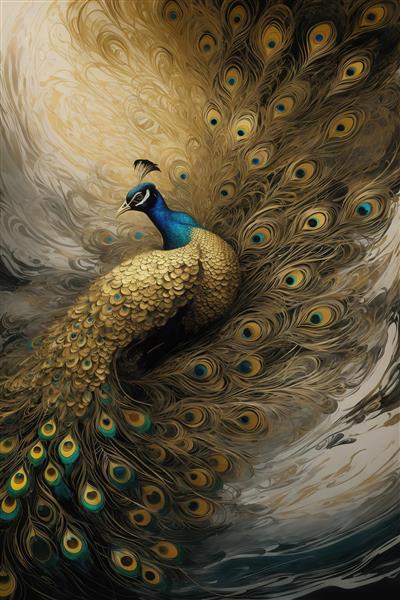 تصویر طاووس طلایی روی موج آب سبک ماربل برای چاپ باکیفیت