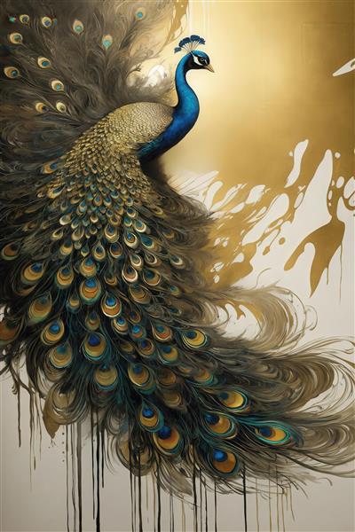 طرح طاووس طلایی آبی زیبا در سبک آبرنگی باکیفیت برای پوستر