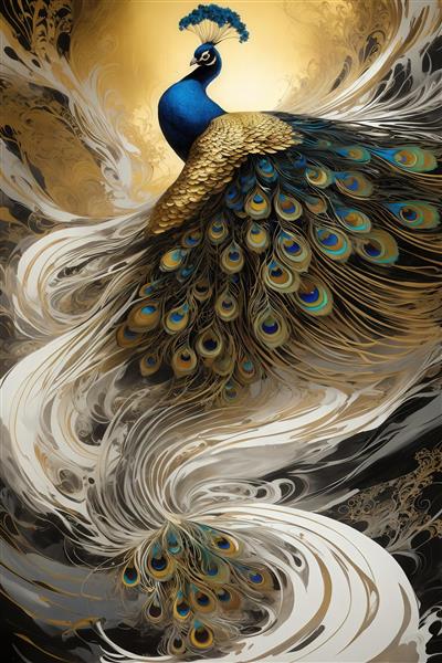 عکس طاووس آبی با شکوه طلایی سفید سبک فلوید برای تابلو پذیرایی