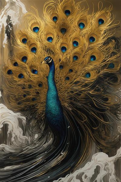 تصویر طاووس باشکوه با پرهای باز طلایی و آبی برای چاپ پرده