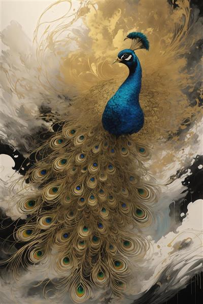 طرح طاووس آبی طلایی فانتزی با پرهای دنباله‌دار برای پوستر دیواری
