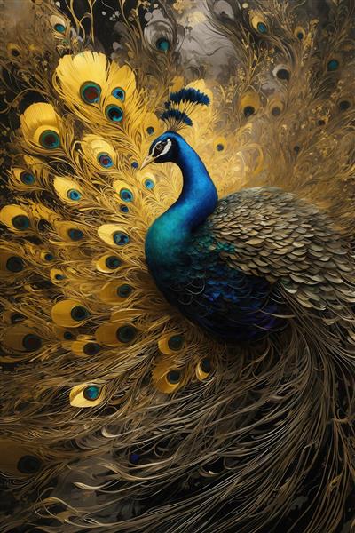 عکس طاووس پرپشت با پرهای طلایی در زمینه تاریک برای چاپ روتختی