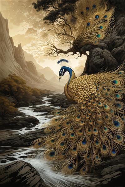 طرح طاووس دره رودخانه با رنگ‌های گرم و طلایی برای تابلو باکیفیت