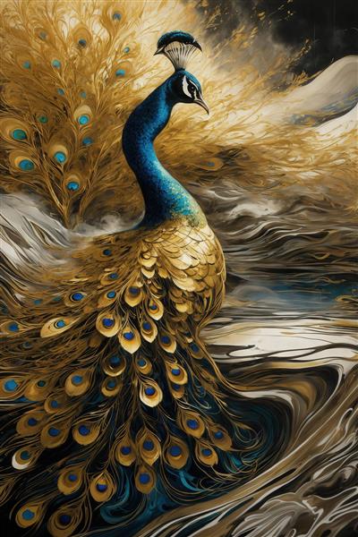 تصویر طاووس طلایی باشکوه سبک ماربل برای پوستر دکوراسیون داخلی