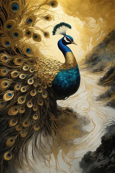 طرح طاووس طلایی با پرهای باز در منظره کوهستانی برای تابلو پذیرایی
