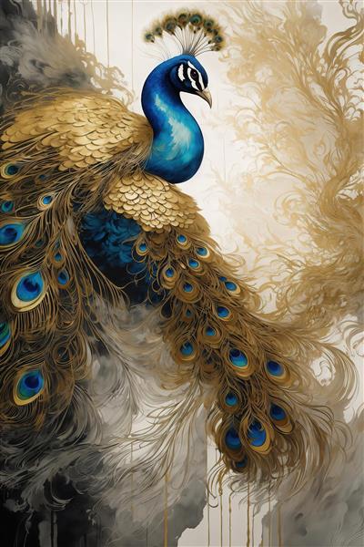 عکس طاووس آبی طلایی با پرهای بلند و خاص برای چاپ عریض دکوراتیو