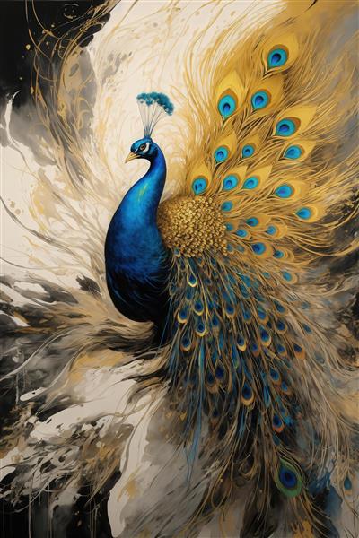 تصویر طاووس فانتزی طلایی آبی سبک آبرنگی برای پوستر دیواری شیک
