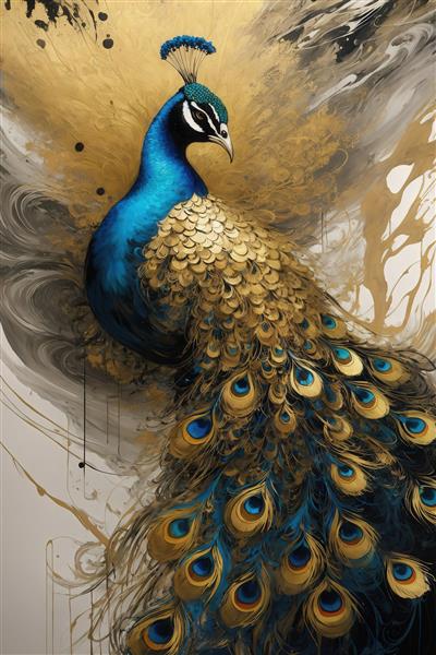 طرح طاووس آبی و طلایی با جزئیات زیاد برای تابلو دکوراتیو لوکس