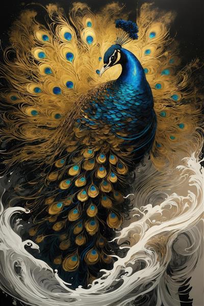 عکس طاووس با شکوه طلایی آبی در حال رقص برای چاپ روی پرده