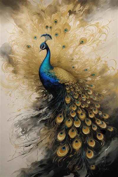 عکس طاووس آبی طلایی مجلل سبک آبرنگی برای پوستر دیواری باکیفیت