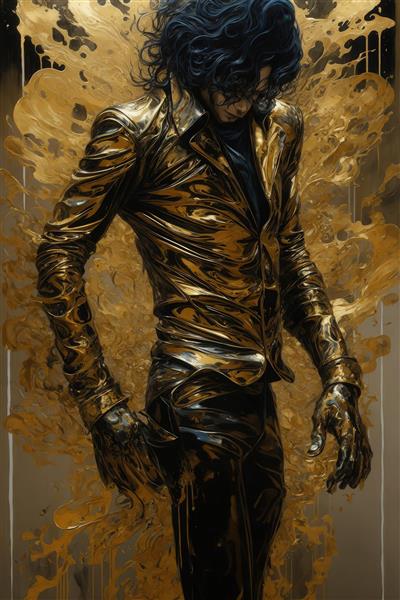 تصویر مایکل جکسون با لباس طلایی تیره و موهای مشکی مجعد