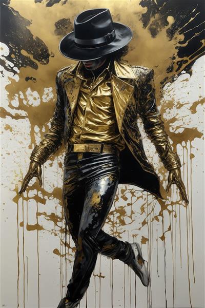 پرتره مایکل جکسون با کلاه فدورا و لباس طلایی و سیاه در حال قدم