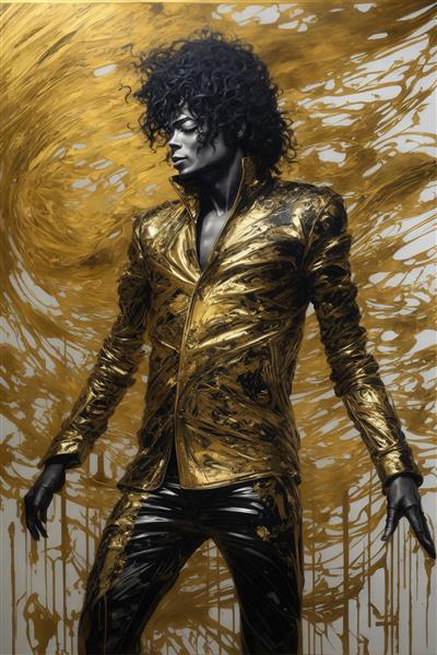 طرح مایکل جکسون با لباس طلایی و سیاه و موهای فرفری دکوراتیو