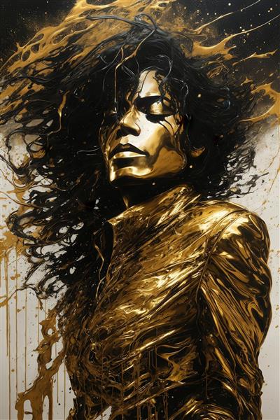 تصویر نمای نزدیک مایکل جکسون طلایی متالیک با موهای آشفته