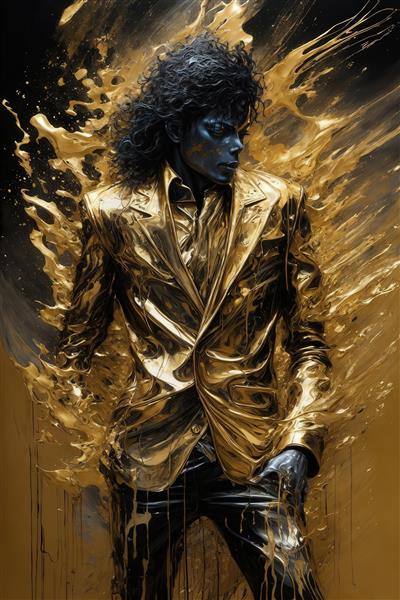 پرتره مایکل جکسون با کت طلایی و شلوار چرمی سیاه در حال رقص