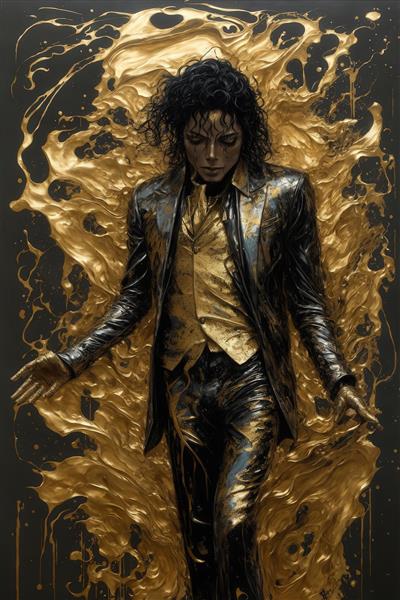 عکس مایکل جکسون با کت و جلیقه تیره و طلایی در میان مایع طلایی