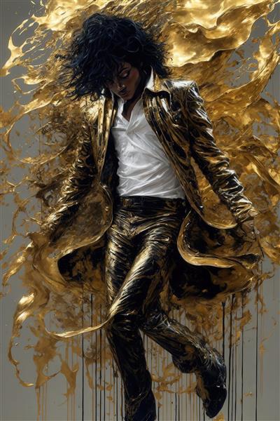 طرح مایکل جکسون با کت بلند طلایی و شلوار تیره با موهای فرفری
