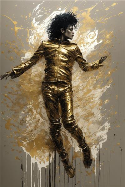 تصویر مایکل جکسون با لباس طلایی متالیک و پس‌زمینه پاششی روشن
