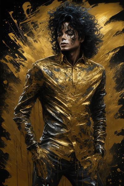 پرتره مایکل جکسون با پیراهن طلایی و موهای مجعد برای چاپ روتختی