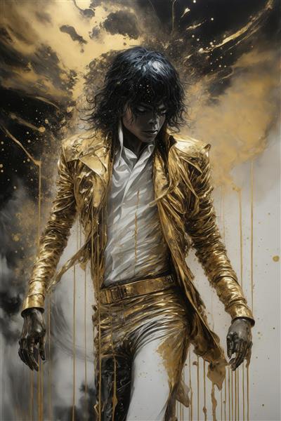 تصویر مایکل جکسون با کت بلند طلایی و شلوار سفید با حس درام