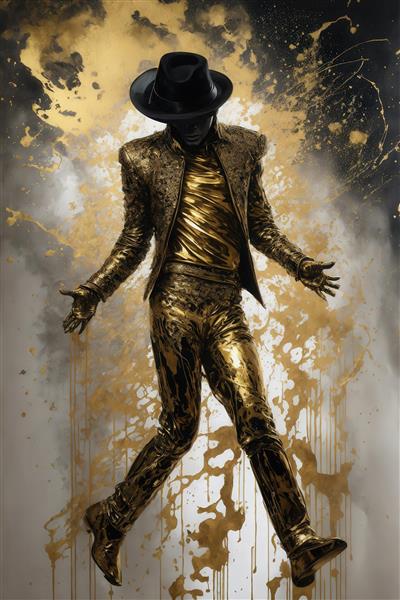 عکس مایکل جکسون در حال رقص با ژاکت و شلوار طلایی و مشکی