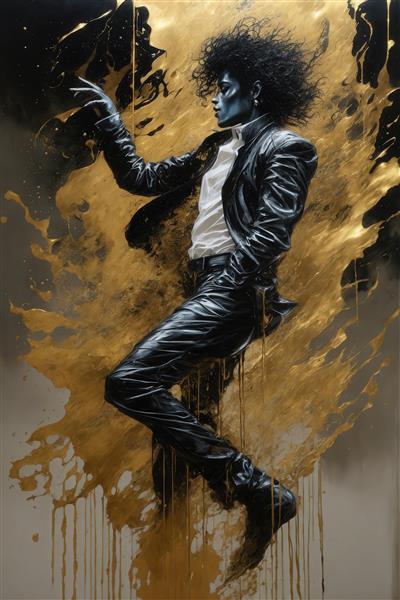 پرتره مایکل جکسون با لباس چرم سیاه و پس‌زمینه پاشش طلایی