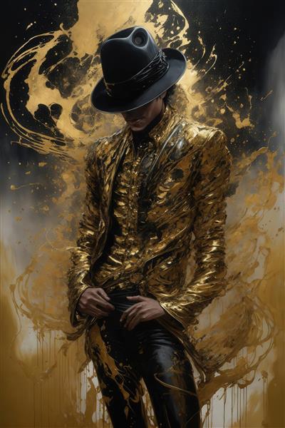 عکس مایکل جکسون با کلاه و ژاکت طلایی با سبک نقاشی پاششی