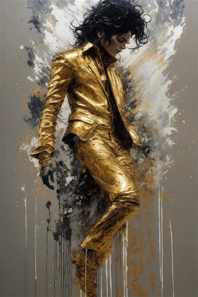 طرح مایکل جکسون با موهای فرفری و لباس طلایی انتزاعی باکیفیت
