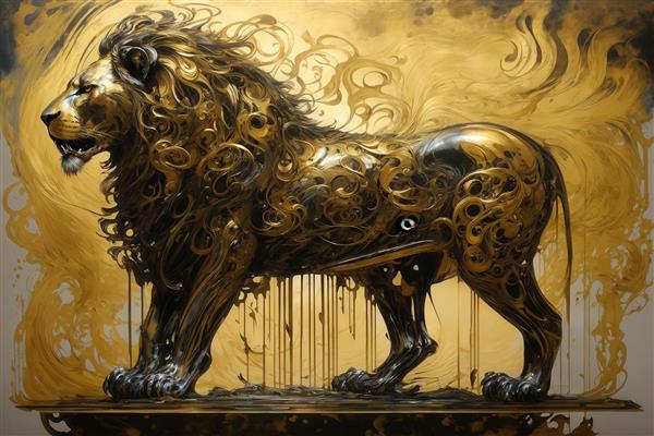 طرح شیر ایستاده سیاه و طلایی با جزئیات فلزی برای پوستر عریض